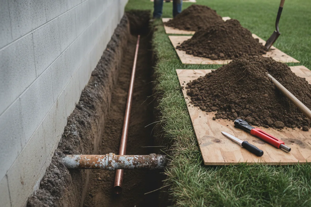Excavated water line trench during Water Softener Installation in Bellville